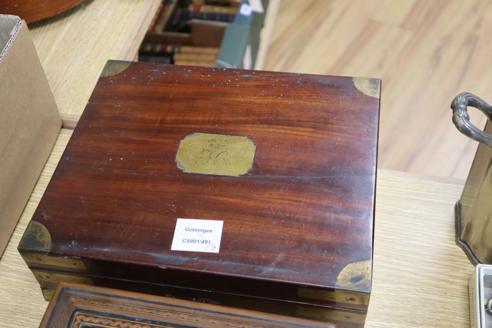 A mahogany military style inlaid writing box, 30 x 25 x 8cm, and two other boxes